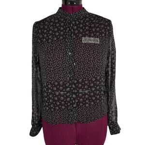 Women's Forever 21 Black Floral Sheer Button Up Open/Crop Back - Size Medium
